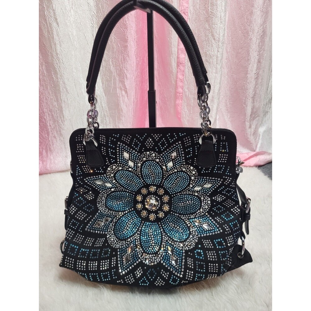 Boho Flower Blue Rhinestone Covered Floral Pattern Handbag Purse